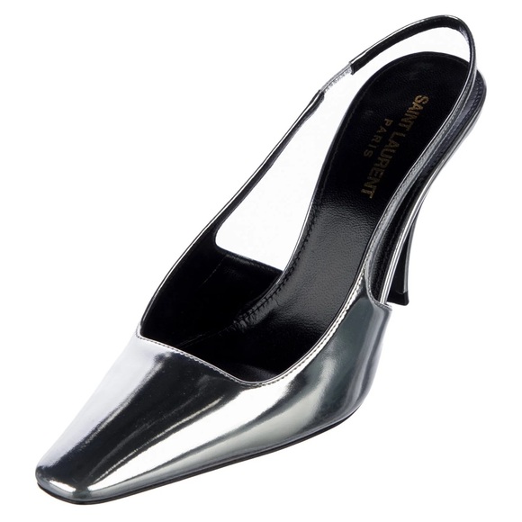 YSL Saint Laurent Patent Tom 90 Blade Leather Slingback Pumps Silver 37.5 $945 - Picture 4 of 8